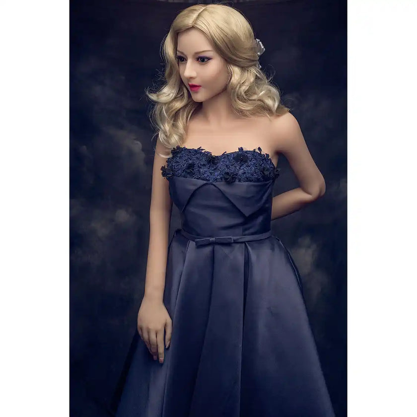 5ft 2in 158cm Asian female TPE sex doll with blonde hair, small breasts and a slim athletic figure in a party dress.