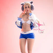 5ft 2in 159cm Caucasian female TPE sex doll by FunWest with blonde hair, small A-cup breasts and a slim athletic figure in small blue shorts and a letterman jacket.