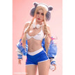 5ft 2in 159cm Caucasian female TPE sex doll by FunWest with blonde hair, small A-cup breasts and a slim athletic figure in small blue shorts and a letterman jacket.