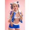 5ft 2in 159cm Caucasian female TPE sex doll by FunWest with blonde hair, small A-cup breasts and a slim athletic figure in small blue shorts and a letterman jacket.