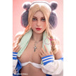 5ft 2in 159cm Caucasian female TPE sex doll by FunWest with blonde hair, small A-cup breasts and a slim athletic figure in small blue shorts and a letterman jacket.