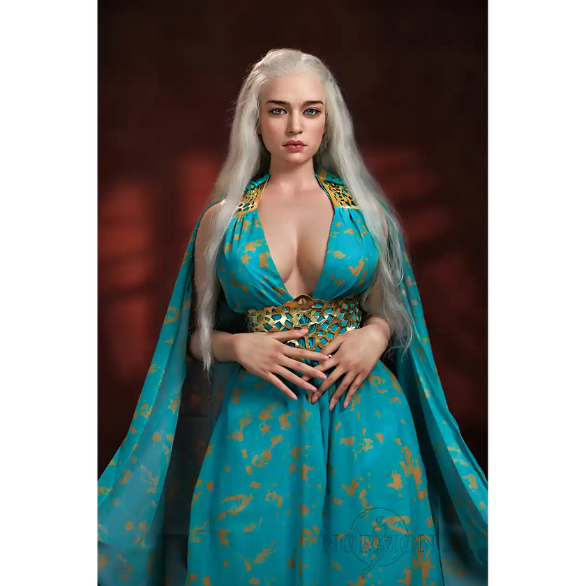 5ft 4in or 163cm tall life size, lifelike, Fantasy MILF silicone sex doll with long legs and long blonde hair in a blue fantasy dress.