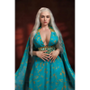 5ft 4in or 163cm tall life size, lifelike, Fantasy MILF silicone sex doll with long legs and long blonde hair in a blue fantasy dress.