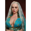 5ft 4in or 163cm tall life size, lifelike, Fantasy MILF silicone sex doll with long legs and long blonde hair in a blue fantasy dress.