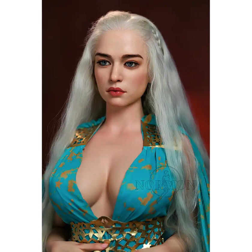 5ft 4in or 163cm tall life size, lifelike, Fantasy MILF silicone sex doll with long legs and long blonde hair in a blue fantasy dress.