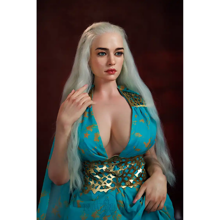 5ft 4in or 163cm tall life size, lifelike, Fantasy MILF silicone sex doll with long legs and long blonde hair in a blue fantasy dress.