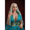 5ft 4in or 163cm tall life size, lifelike, Fantasy MILF silicone sex doll with long legs and long blonde hair in a blue fantasy dress.