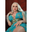 5ft 4in or 163cm tall life size, lifelike, Fantasy MILF silicone sex doll with long legs and long blonde hair in a blue fantasy dress.