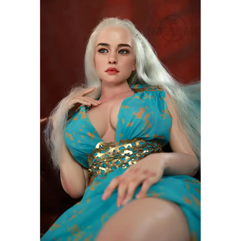 5ft 4in or 163cm tall life size, lifelike, Fantasy MILF silicone sex doll with long legs and long blonde hair in a blue fantasy dress.