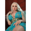 5ft 4in or 163cm tall life size, lifelike, Fantasy MILF silicone sex doll with long legs and long blonde hair in a blue fantasy dress.