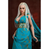 5ft 4in or 163cm tall life size, lifelike, Fantasy MILF silicone sex doll with long legs and long blonde hair in a blue fantasy dress.