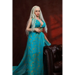 5ft 4in or 163cm tall life size, lifelike, Fantasy MILF silicone sex doll with long legs and long blonde hair in a blue fantasy dress.