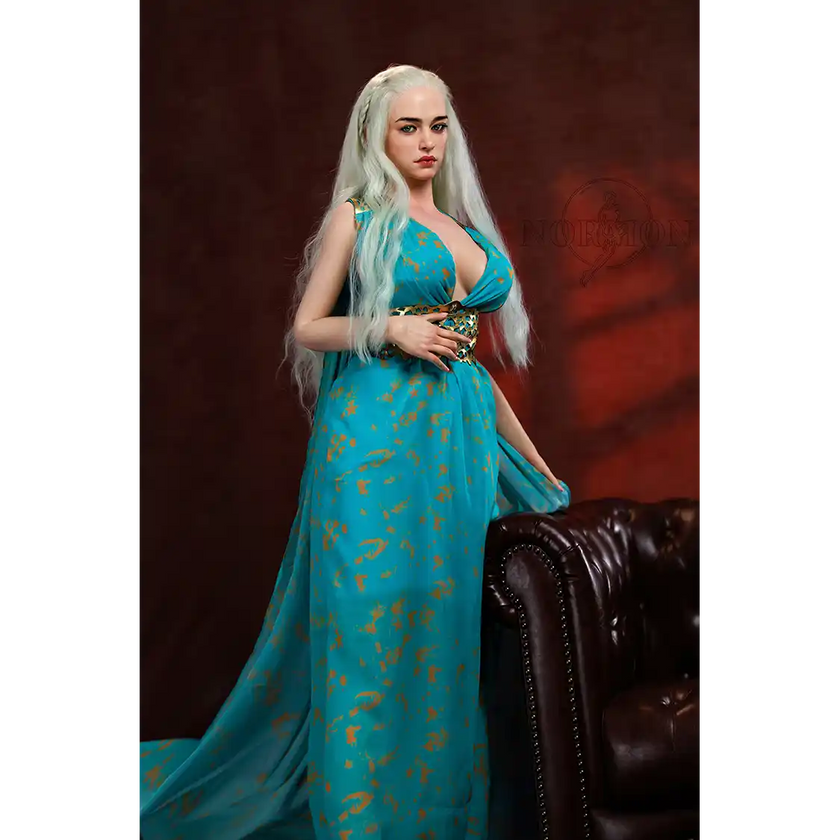 5ft 4in or 163cm tall life size, lifelike, Fantasy MILF silicone sex doll with long legs and long blonde hair in a blue fantasy dress.