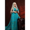 5ft 4in or 163cm tall life size, lifelike, Fantasy MILF silicone sex doll with long legs and long blonde hair in a blue fantasy dress.