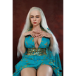 5ft 4in or 163cm tall life size, lifelike, Fantasy MILF silicone sex doll with long legs and long blonde hair in a blue fantasy dress.