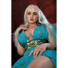 5ft 4in or 163cm tall life size, lifelike, Fantasy MILF silicone sex doll with long legs and long blonde hair in a blue fantasy dress.