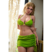 5ft 5in or 166cm lifelike full size large breast curvy white female sex doll with long legs, lightly tanned skin, long wavy blonde hair and brown eyes.