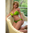 5ft 5in or 166cm lifelike full size large breast curvy white female sex doll with long legs, lightly tanned skin, long wavy blonde hair and brown eyes.