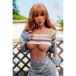 5ft 7in 170cm tall thin large breasted E-cup TPE sex doll with blonde hair, brown eyes and fair skin in a crop top and shorts.