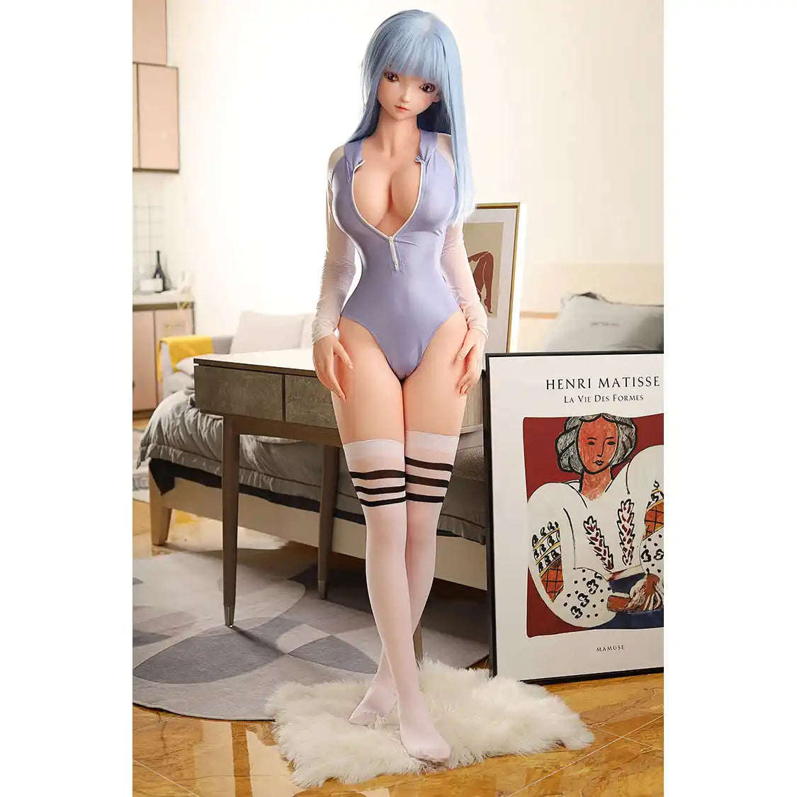 Life like anime style 5ft 3in or 160cm full size silicone sex doll with realistic silicone gel filled breasts and long blue hair.  Made by Future Doll.