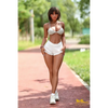 5ft 5in or 164cm curvy Asian hybrid sex doll with long legs, dark hair, large breasts, large butt, and brown eyes in white skirt and bikini top.