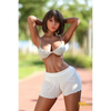 5ft 5in or 164cm curvy Asian hybrid sex doll with long legs, dark hair, large breasts, large butt, and brown eyes in white skirt and bikini top.