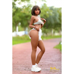 5ft 5in or 164cm curvy Asian hybrid sex doll with long legs, dark hair, large breasts, large butt, and brown eyes in white skirt and bikini top.