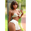 5ft 5in or 164cm curvy Asian hybrid sex doll with long legs, dark hair, large breasts, large butt, and brown eyes in white skirt and bikini top.