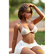 5ft 5in or 164cm curvy Asian hybrid sex doll with long legs, dark hair, large breasts, large butt, and brown eyes in white skirt and bikini top.