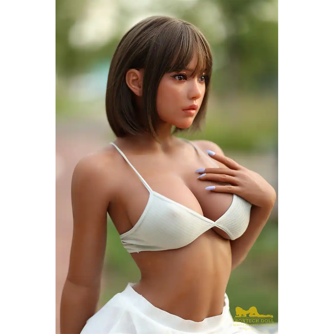 5ft 5in or 164cm curvy Asian hybrid sex doll with long legs, dark hair, large breasts, large butt, and brown eyes in white skirt and bikini top.