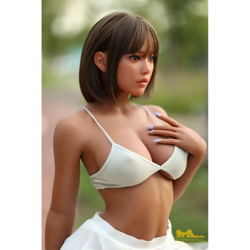 5ft 5in or 164cm curvy Asian hybrid sex doll with long legs, dark hair, large breasts, large butt, and brown eyes in white skirt and bikini top.