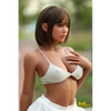 5ft 5in or 164cm curvy Asian hybrid sex doll with long legs, dark hair, large breasts, large butt, and brown eyes in white skirt and bikini top.