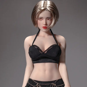 1ft 11in 60cm white female mini silicone sex doll with blonde hair, light skin and large breasts.