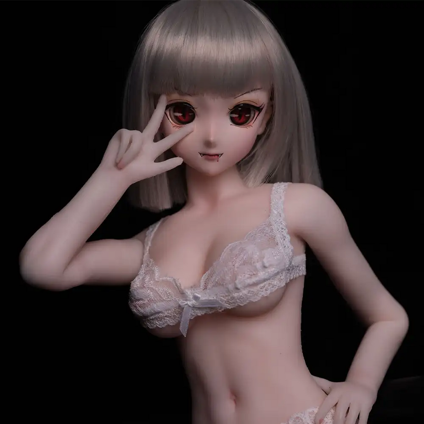 2ft 60cm anime style female mini silicone sex doll with medium breasts, tanned skin and a fit athletic body.