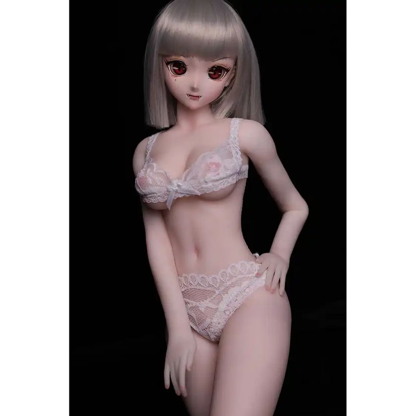 2ft 60cm anime style female mini silicone sex doll with medium breasts, tanned skin and a fit athletic body.