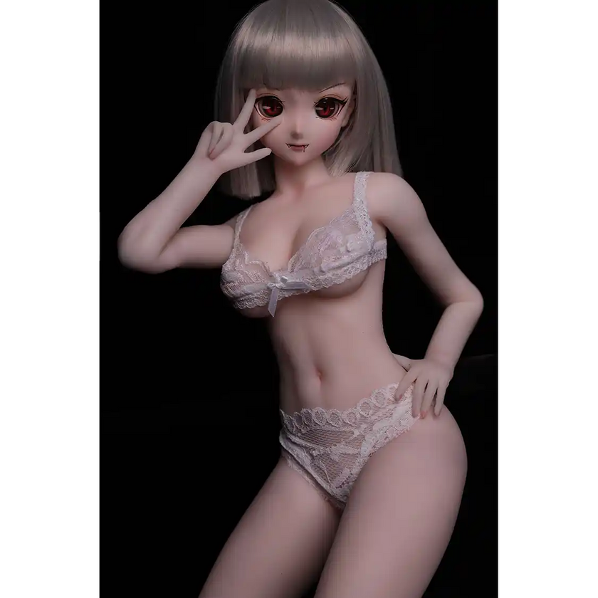 2ft 60cm anime style female mini silicone sex doll with medium breasts, tanned skin and a fit athletic body.