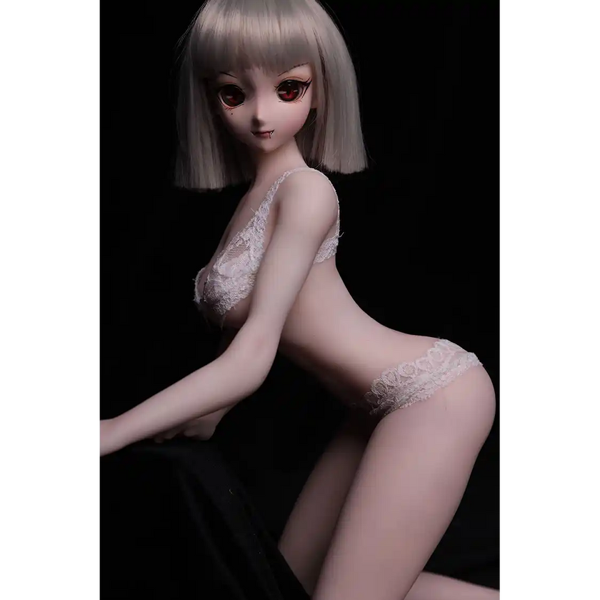 2ft 60cm anime style female mini silicone sex doll with medium breasts, tanned skin and a fit athletic body.