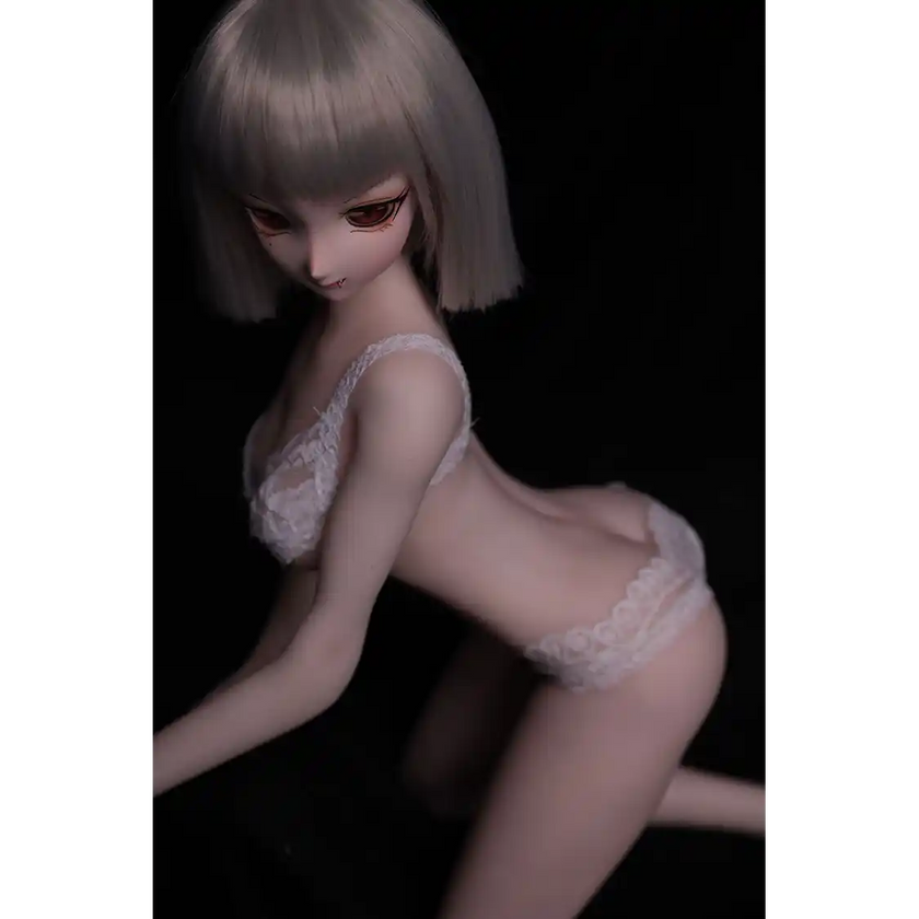 2ft 60cm anime style female mini silicone sex doll with medium breasts, tanned skin and a fit athletic body.