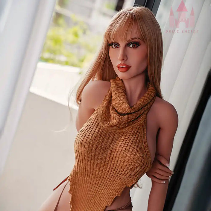 5ft 0in 153cm tall sexy blonde hair brown eyed thin TPE sex doll.