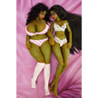 Hani goblin mini dolls – 60 cm silicone fantasy dolls in curvy and slim styles with green skin and lingerie, standing together on pink backdrop