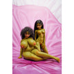 Hani goblin mini dolls – 60 cm silicone fantasy dolls in curvy and slim styles with green skin and lingerie, standing together on pink backdrop