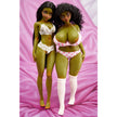 Hani goblin mini dolls – 60 cm silicone fantasy dolls in curvy and slim styles with green skin and lingerie, standing together on pink backdrop
