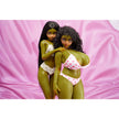 Hani goblin mini dolls – 60 cm silicone fantasy dolls in curvy and slim styles with green skin and lingerie, standing together on pink backdrop