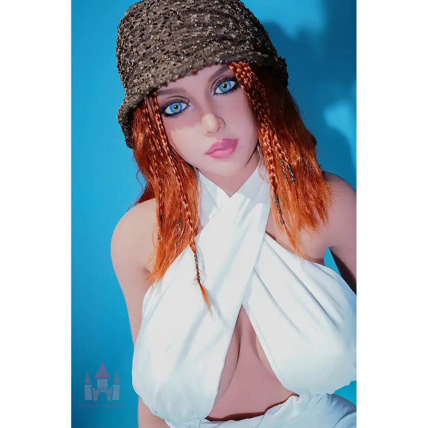 5ft 1in 156cm tall hot red haired blue eyed TPE sex doll with an slim figure and large E-cup breasts.