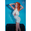 5ft 1in 156cm tall hot red haired blue eyed TPE sex doll with an slim figure and large E-cup breasts.