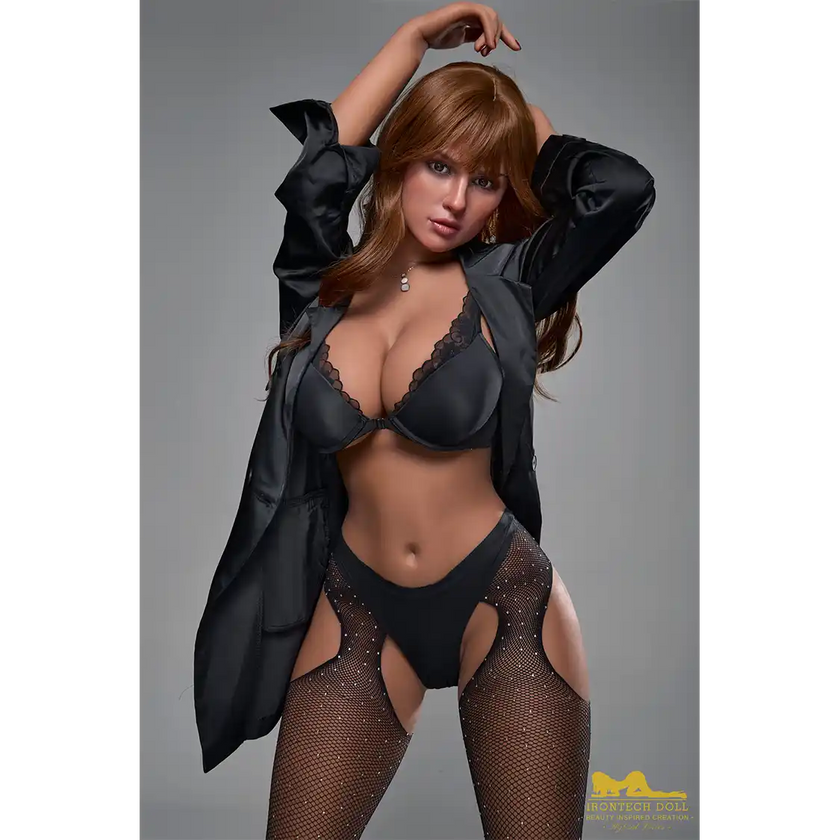 5ft 5in or 164cm curvy hybrid sex doll with long legs, long brown hair, large breasts and brown eyes in black lingerie.