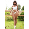 5ft 5in or 164cm curvy hybrid sex doll with long legs, long brown hair, large breasts, large butt, and pink eyes in a small white top and bikini bottom.