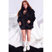 2ft 60cm mini anime sex doll Hedy. Silicone body construction, ultra realistic breasts, and body, fair skin, long red hair and a curvy body in a sheer top, black fur  coat, brown mini skirt and brown tube top.