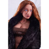 2ft 60cm mini anime sex doll Hedy. Silicone body construction, ultra realistic breasts, and body, fair skin, long red hair and a curvy body in a sheer top, black fur  coat, brown mini skirt and brown tube top.