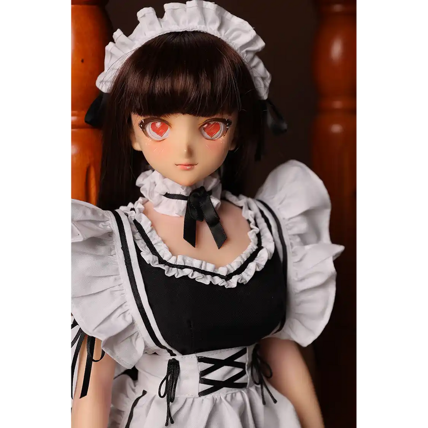2ft 60cm anime style female mini silicone sex doll with medium breasts, tanned skin and a fit athletic body in a French maids outfit.